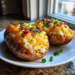 Two perfectly prepared twice baked potatoes loaded with melted cheddar cheese, bacon bits, and green onions.