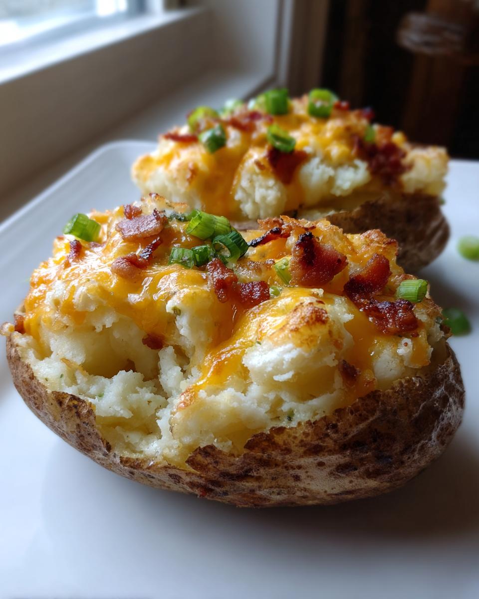 Close-up of two twice baked potatoes loaded with melted cheddar cheese, bacon bits, and green onions.