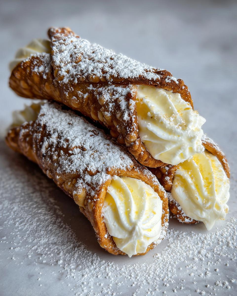 Close-up of two freshly made cannoli recipe pastries filled with cream and dusted heavily with powdered sugar.