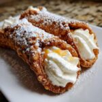 Two freshly made cannoli recipe pastries filled with sweet cream and dusted with powdered sugar.