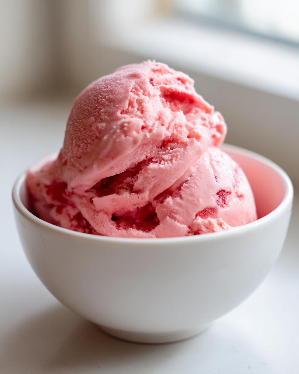 Close-up of two scoops of bright pink strawberry ice cream in a white bowl.