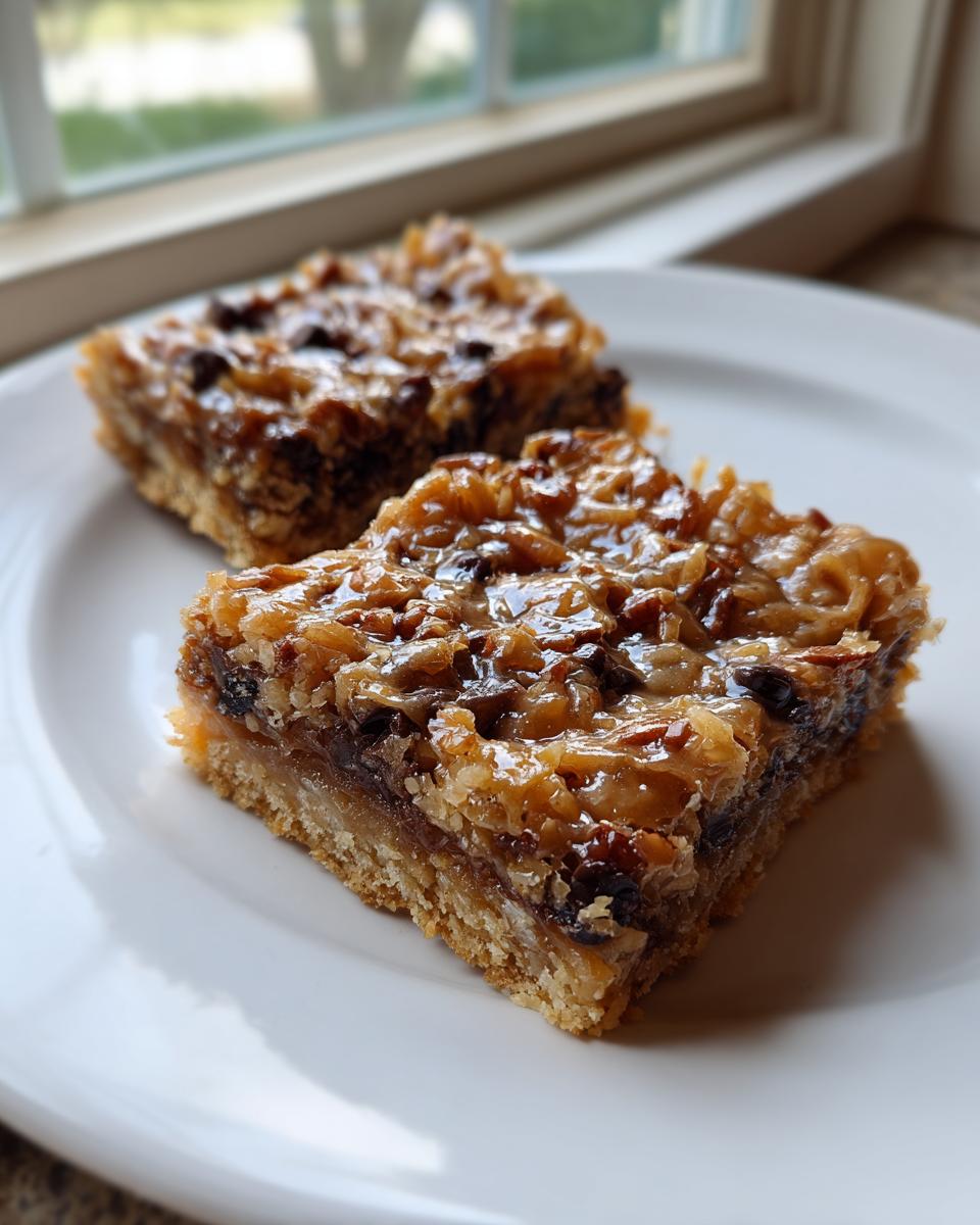 Two squares of rich, gooey magic cookie bars with coconut and chocolate chips resting on a white plate near a window.