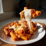 A serving of Ultimate Cheesy pasta bake with rigatoni pasta, rich tomato sauce, and a dramatic, long cheese pull.