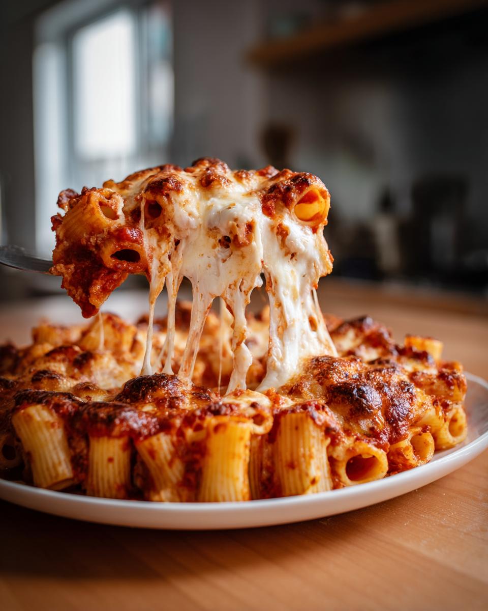 A serving spoon lifts a portion of cheesy pasta bake, showing dramatic, long cheese pulls over the rest of the baked dish.