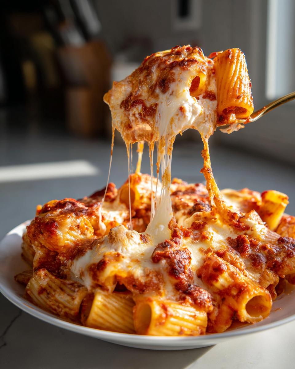 A fork lifting a portion of cheesy pasta bake, showing long, dramatic strings of melted mozzarella cheese stretching down.