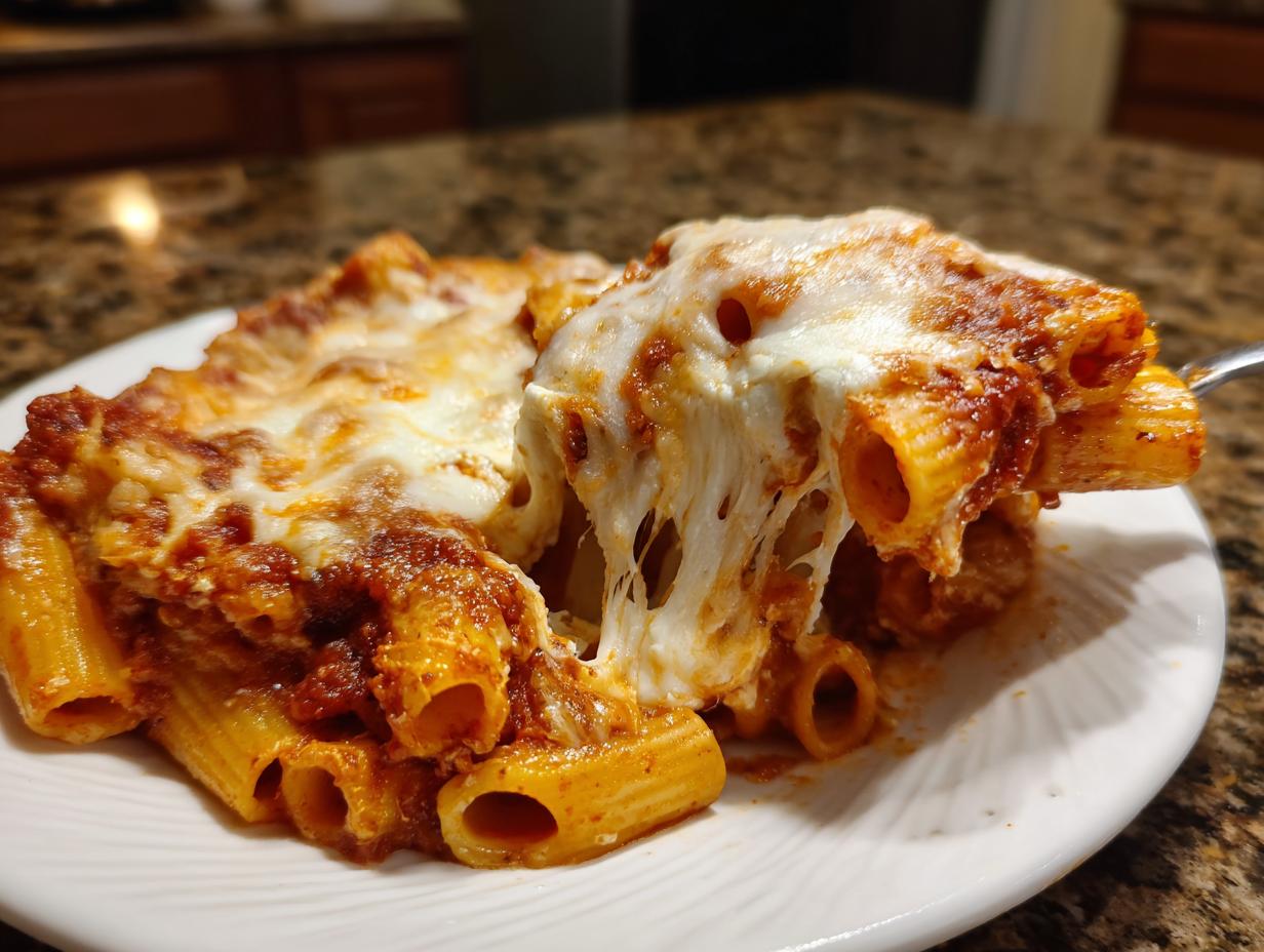 A serving of cheesy pasta bake being lifted, showing long, stretchy mozzarella cheese pulls over rigatoni pasta in tomato sauce.