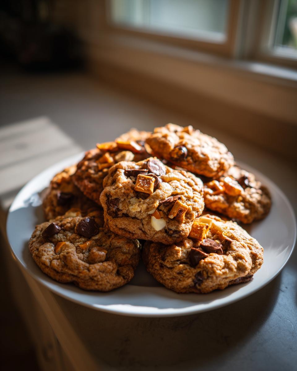 A stack of freshly baked, chunky kitchen sink cookies loaded with chocolate chips and caramel pieces.