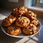 A tempting pile of golden brown kitchen sink cookies loaded with chocolate chips and other mix-ins, sitting on a white plate.