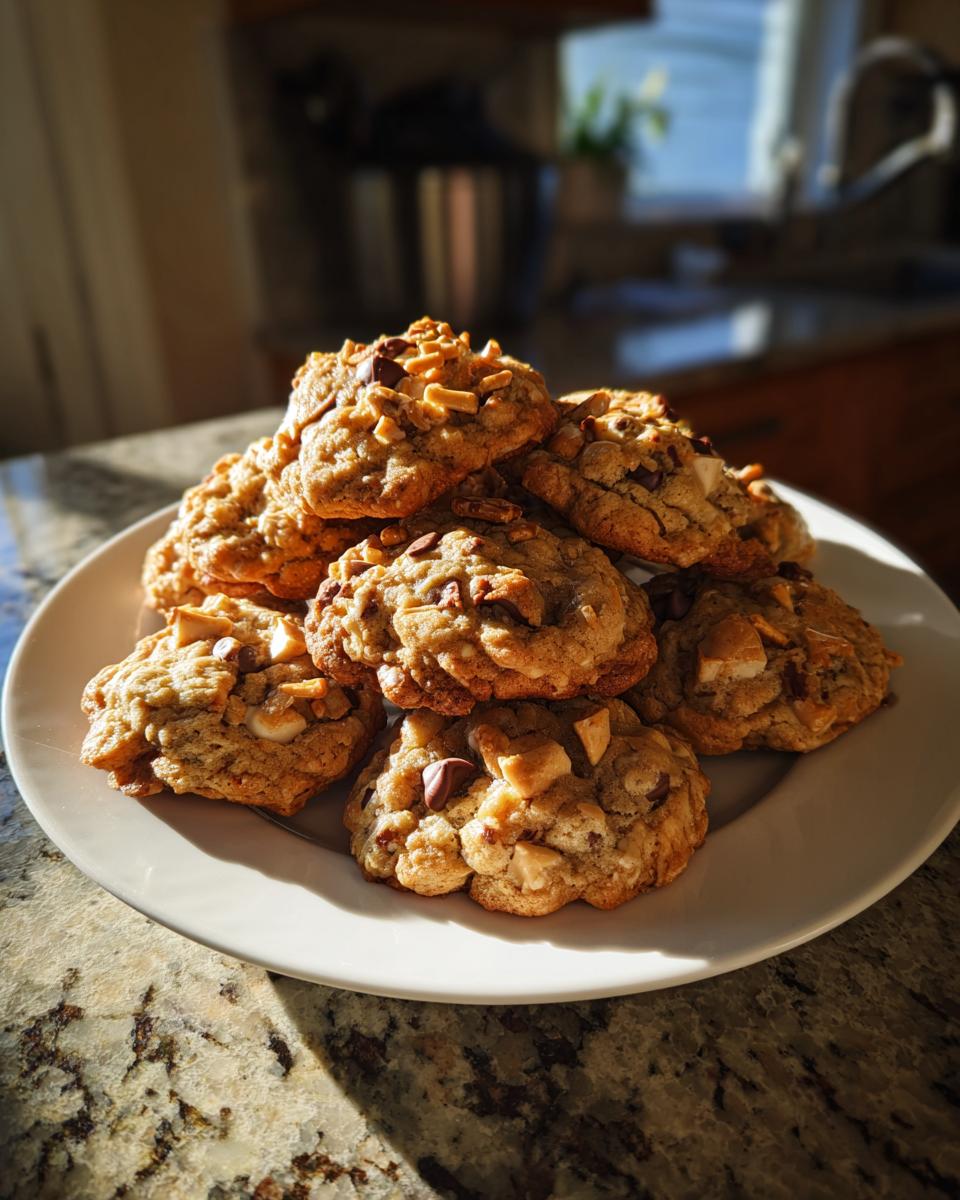 A stack of freshly baked kitchen sink cookies loaded with chips and chunks on a white plate.