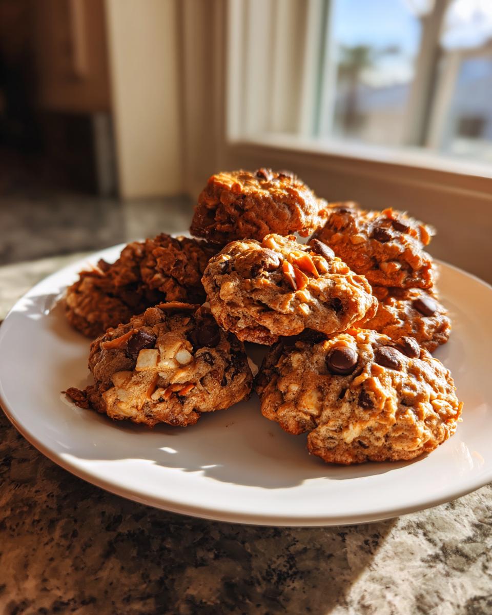 A stack of freshly baked kitchen sink cookies loaded with chips and nuts, sitting on a white plate near a window.