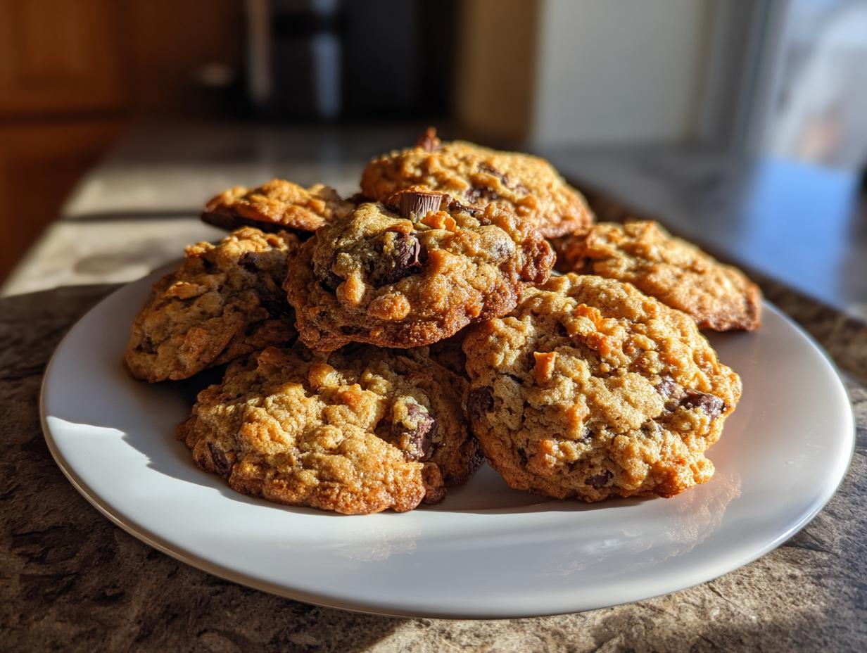 A stack of golden brown kitchen sink cookies loaded with mix-ins, resting on a white plate.