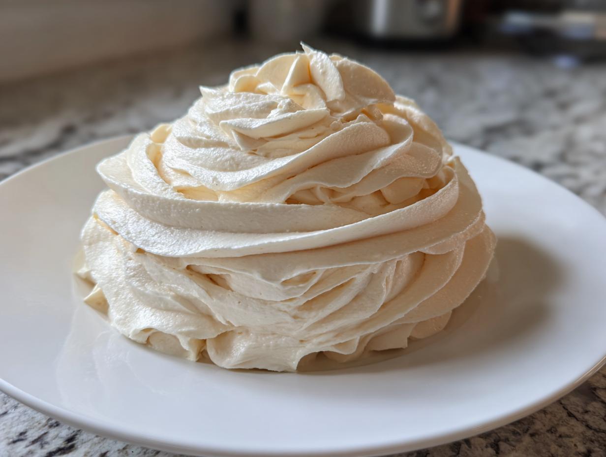A large, perfectly piped swirl of creamy, pale yellow vanilla buttercream frosting sitting on a white plate.