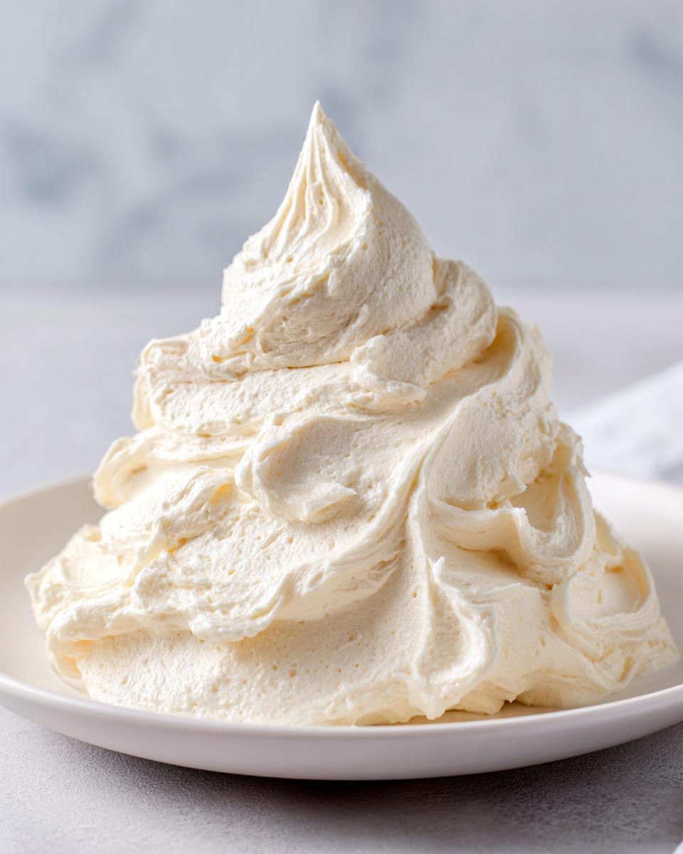 A tall, perfectly piped swirl of fluffy, creamy vanilla buttercream frosting resting on a white plate.