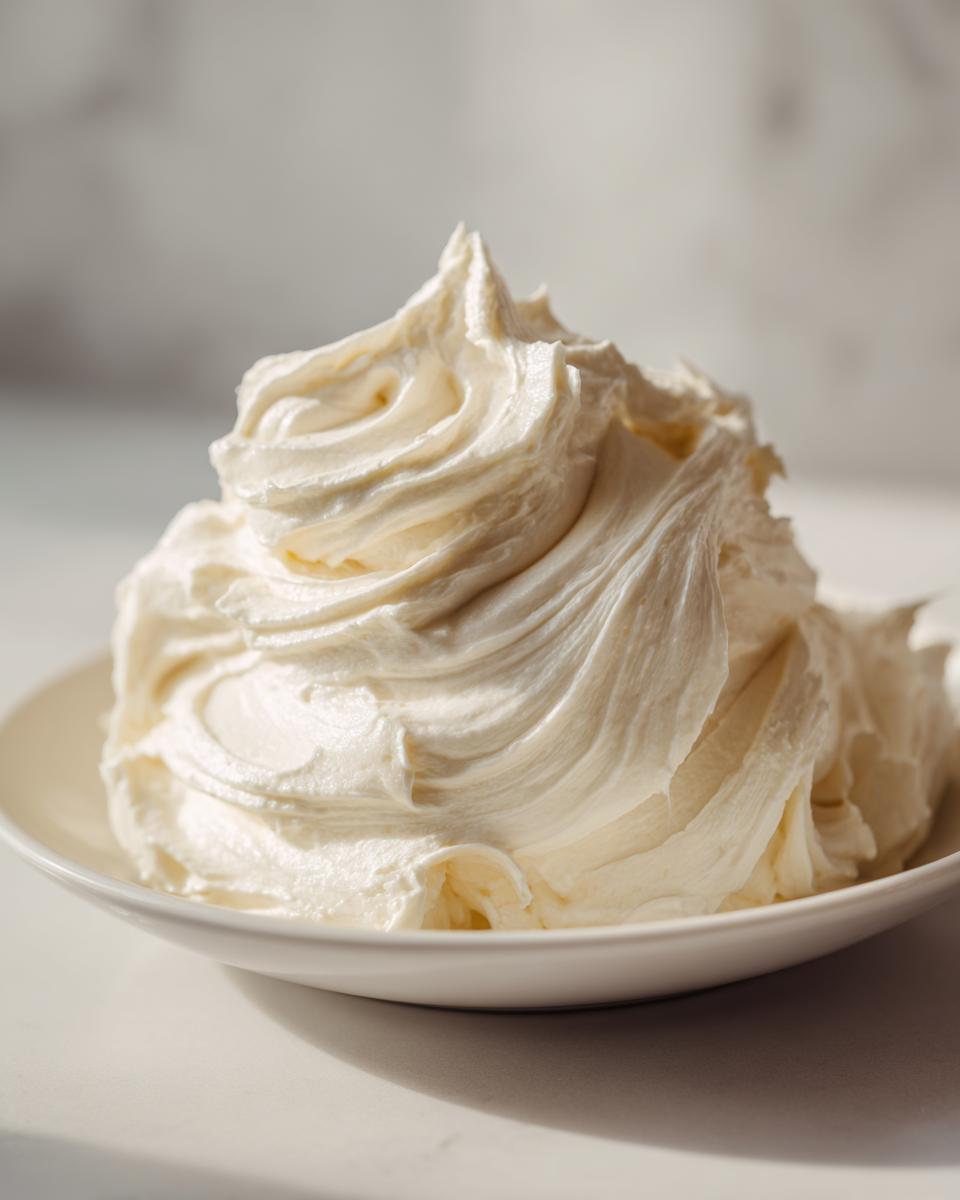 A beautiful, tall swirl of creamy white vanilla buttercream frosting resting on a small white plate.