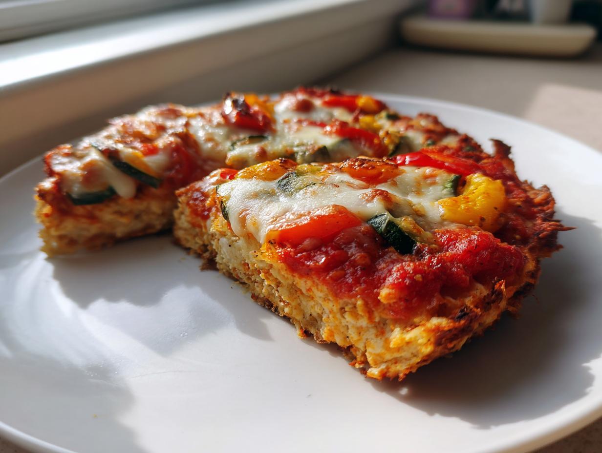 Close-up of two slices of vegetable chicken crust pizza showing the thick, sturdy base and melted cheese topping.