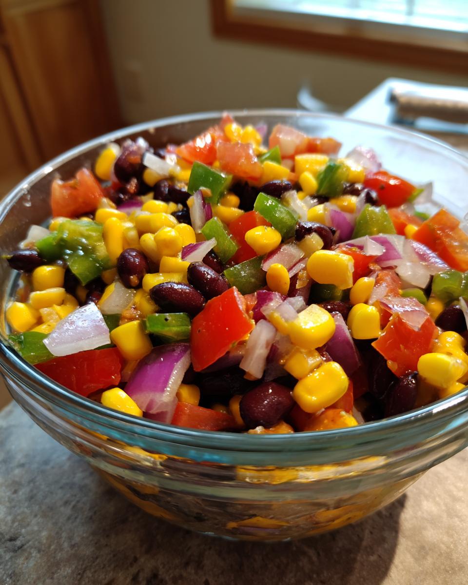 Close-up of colorful cowboy caviar dip featuring black beans, corn, tomatoes, peppers, and red onion in a clear bowl.