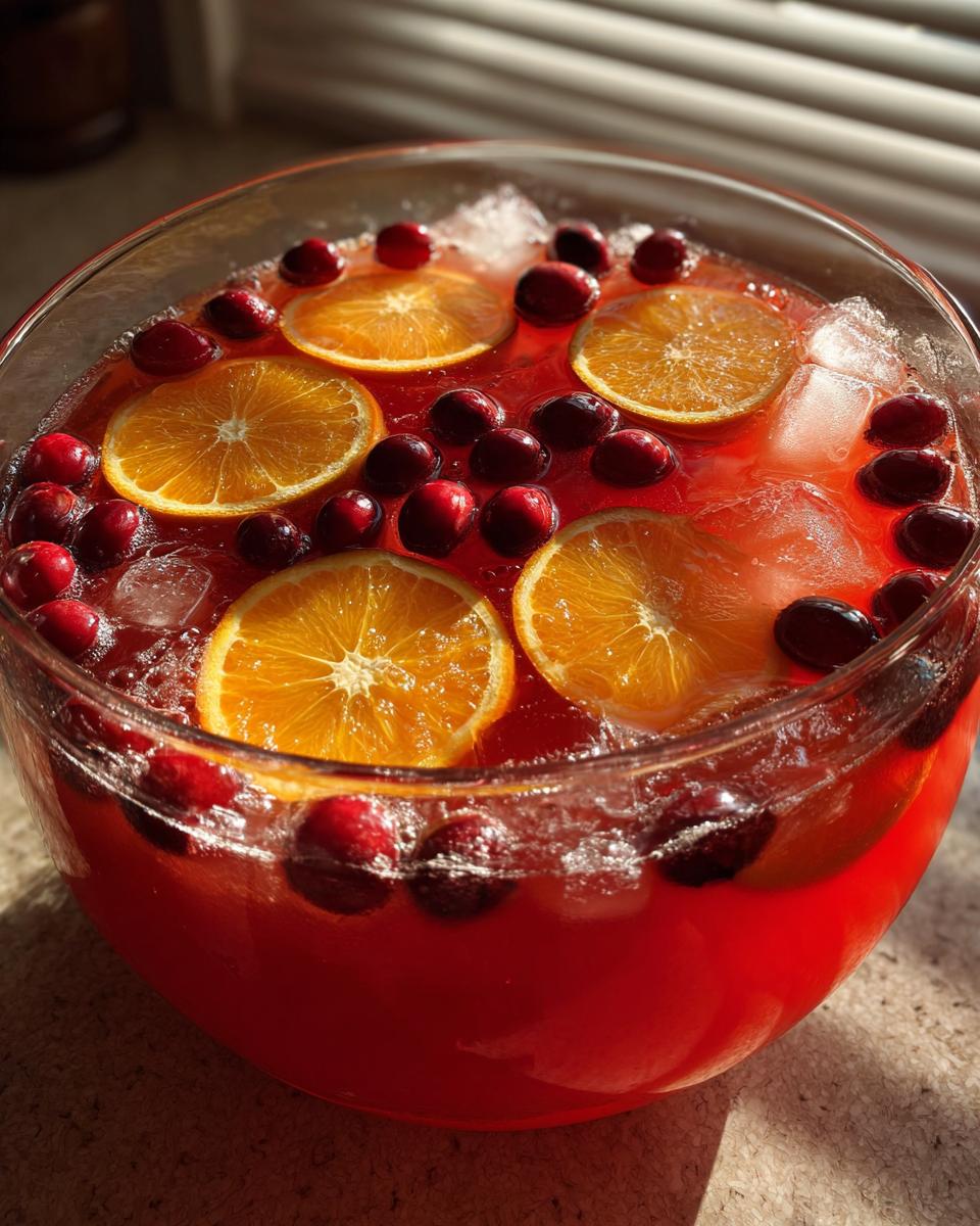 Close-up of a large glass bowl filled with bright red thanksgiving punch, garnished with orange slices and whole cranberries.