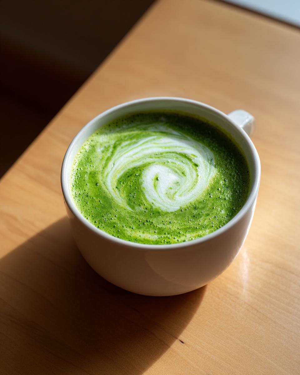 Close-up of a vibrant green, creamy zucchini soup with a white foam swirl, served in a white mug on a wooden table.