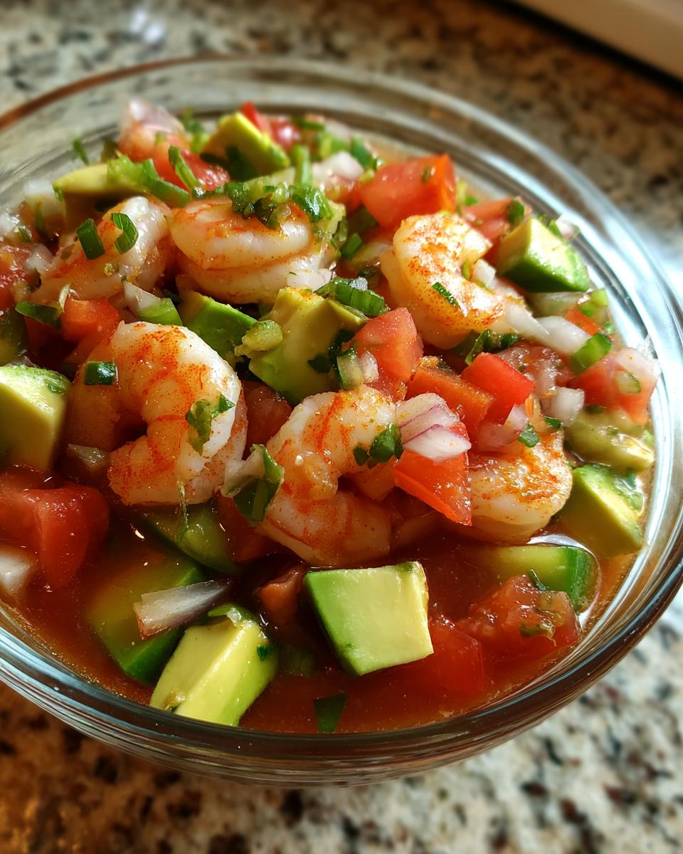 Close-up of a refreshing mexican shrimp cocktail with large shrimp, avocado chunks, tomatoes, and onions in a clear glass bowl.