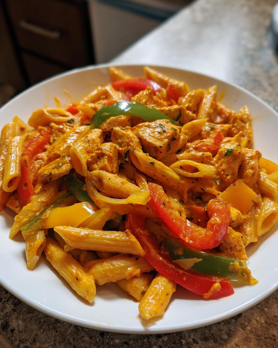 Close-up of a white bowl filled with creamy, orange-hued Rasta Pasta mixed with chicken pieces and colorful bell peppers.
