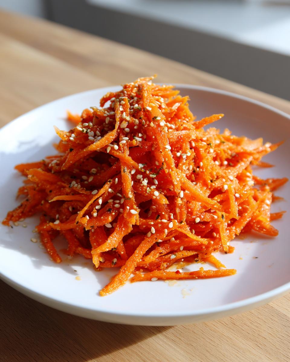 A mound of bright orange raw carrot salad, julienned and topped generously with toasted sesame seeds.