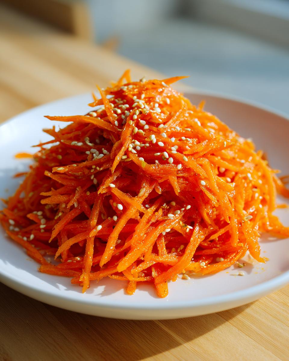 A mound of bright orange, julienned raw carrot salad topped generously with white sesame seeds.