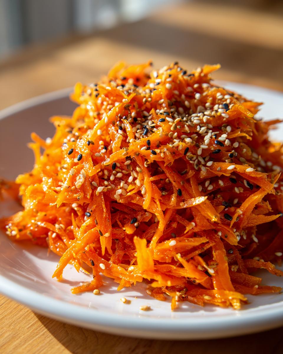Close-up of a mound of shredded raw carrot salad, richly colored and topped with white and black sesame seeds.