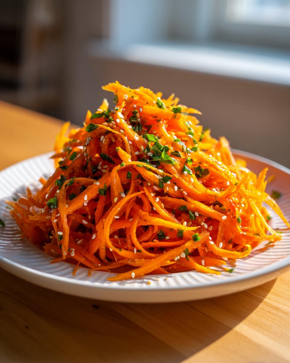 A bright mound of julienned raw carrot salad topped with sesame seeds and chopped chives.