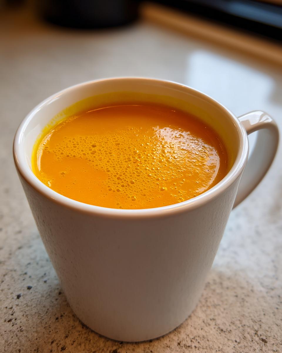 Close-up of vibrant orange squash soup served hot in a white mug on a speckled countertop.