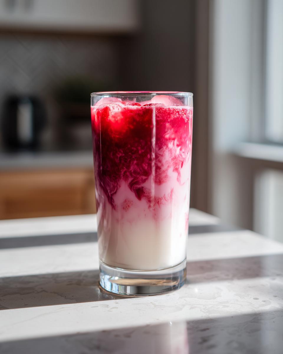 A tall glass filled with homemade strawberry milk, showing rich red syrup swirling into white milk over ice.