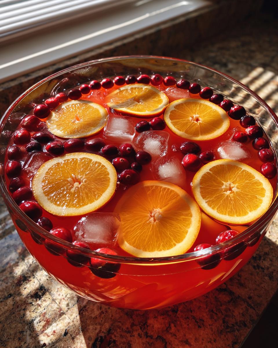 Close-up of a bright red thanksgiving punch garnished with orange slices, fresh cranberries, and ice cubes.