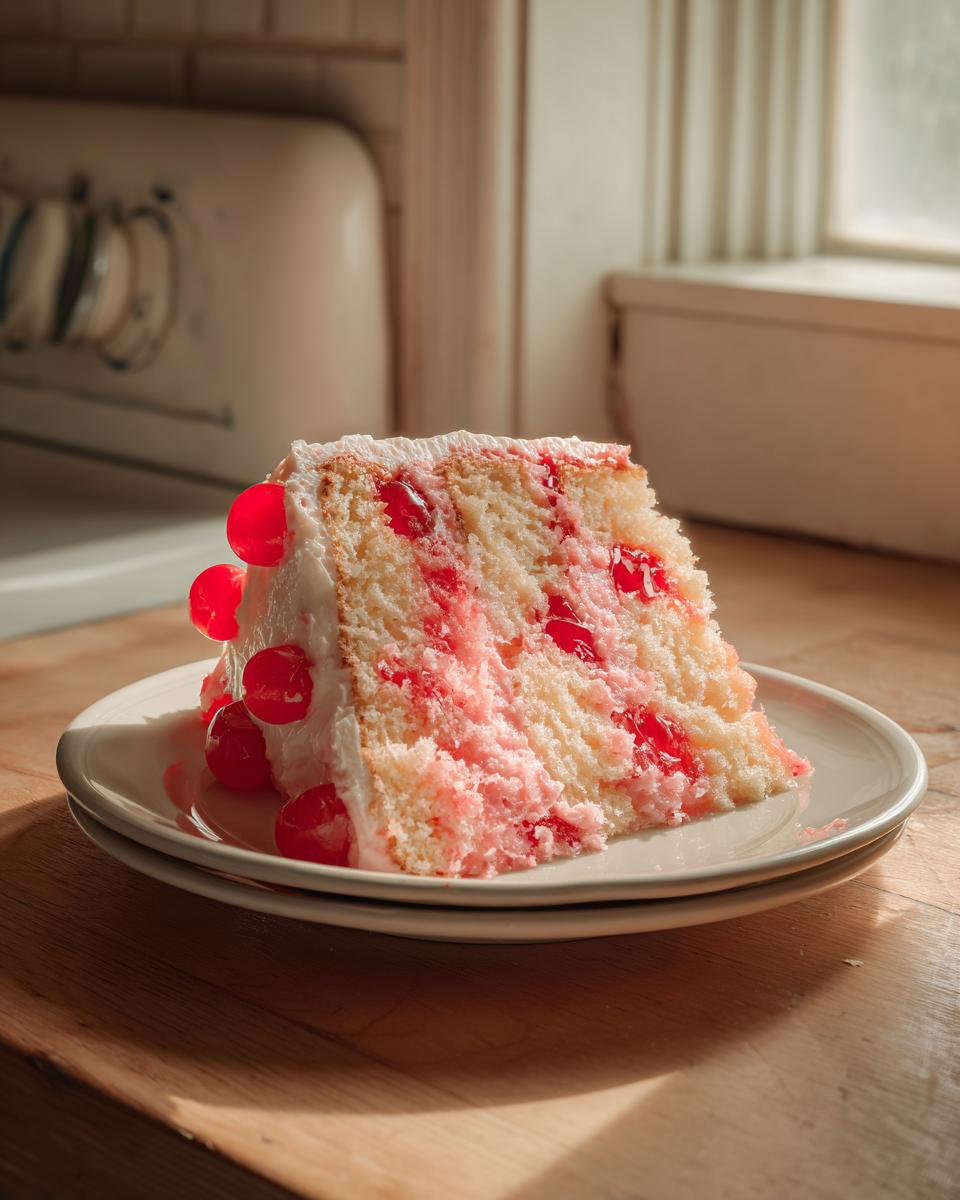 A slice of vintage cherry cake with visible red cherries in the white crumb, topped with frosting and maraschino cherries.