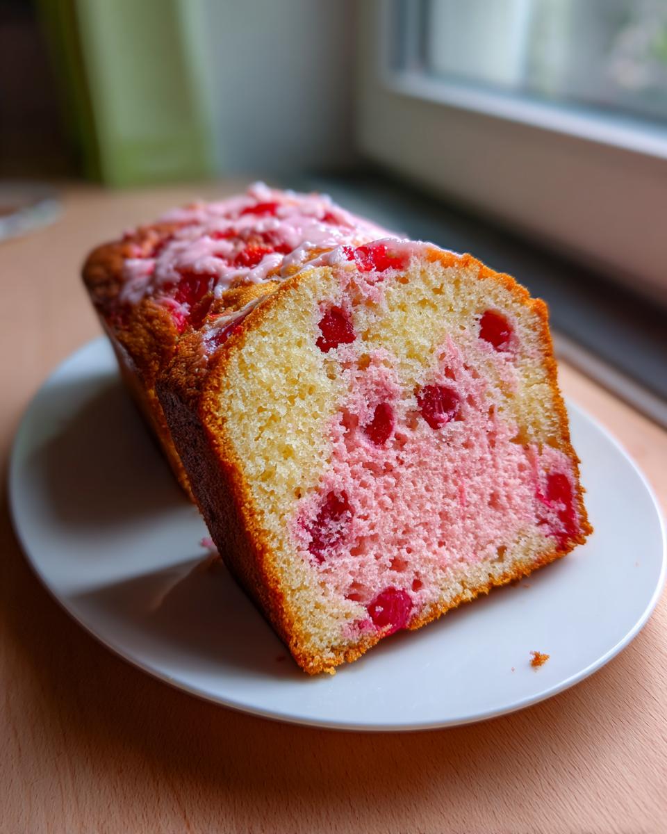 A cross-section slice of a loaf-style cherry cake showing pink fruit baked inside and topped with a light pink glaze.