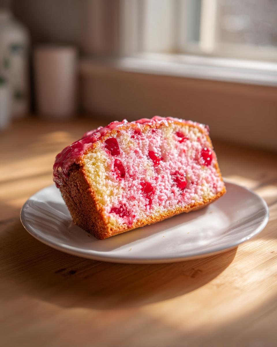 A moist slice of vintage cherry cake with bright red cherries baked in, topped with pink glaze, sitting on a white plate.