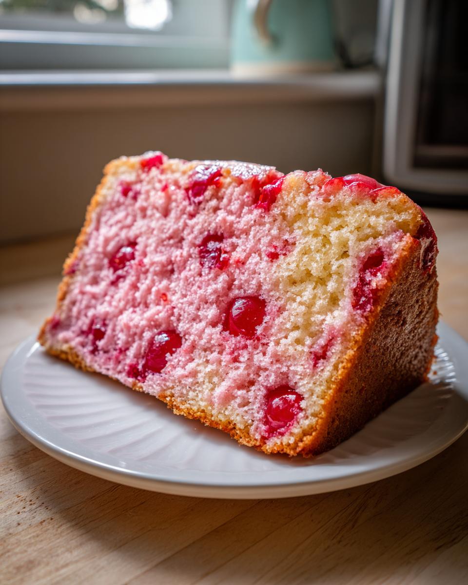 A thick slice of moist cherry cake with bright red cherries baked throughout, sitting on a white plate.