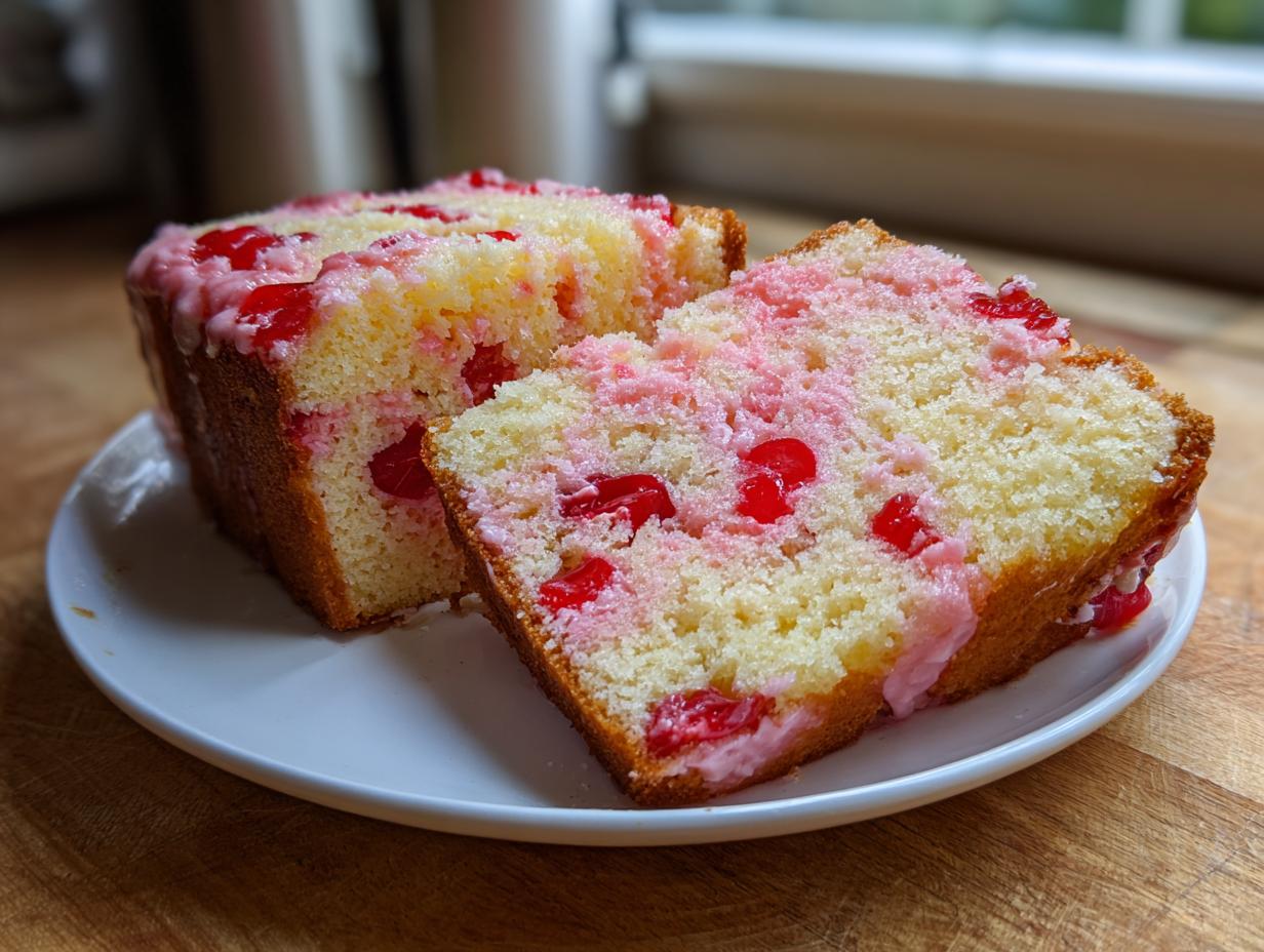 Two slices of a vintage cherry cake showing bright red cherries baked into the yellow crumb, topped with pink glaze.