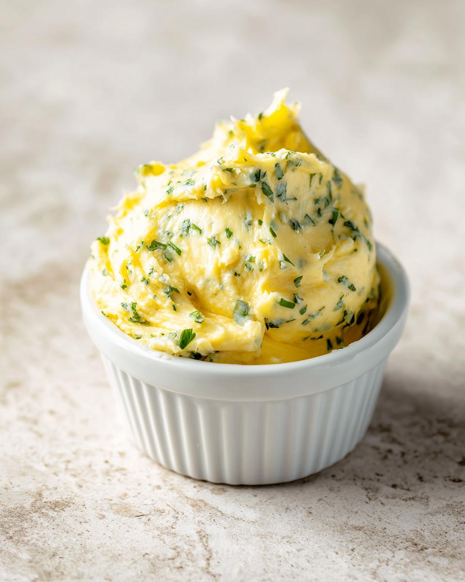 A close-up of whipped cowboy butter dipping sauce, bright yellow with visible green herbs, served in a small white ramekin.