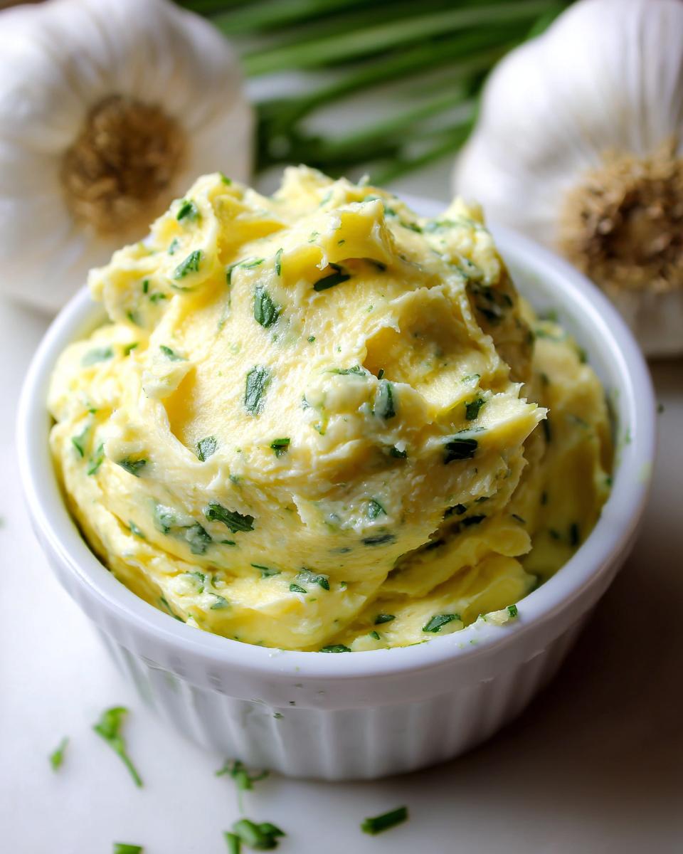 Whipped cowboy butter dipping sauce, bright yellow with green herbs, served in a white ramekin with garlic bulbs in the background.