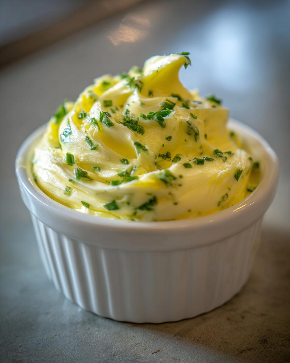Close-up of whipped cowboy butter dipping sauce topped with fresh green chives in a white ramekin.