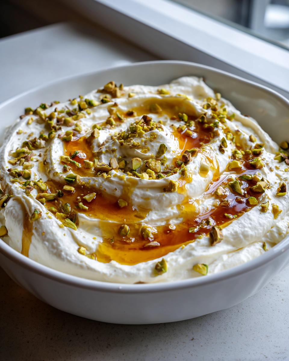 A white bowl filled with creamy whipped feta dip, drizzled with honey and topped with chopped pistachios.