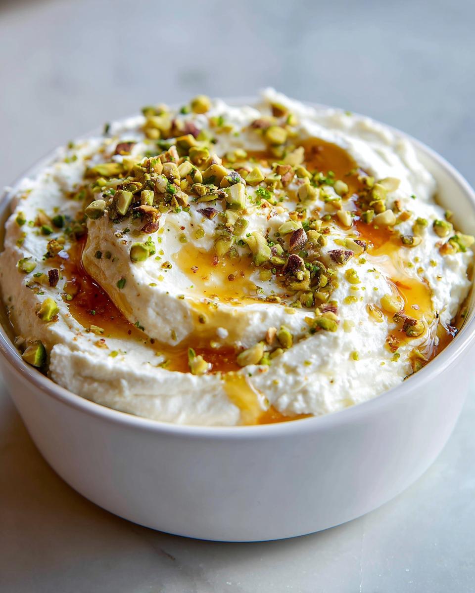 A close-up of creamy whipped feta dip topped with chopped pistachios and drizzled with golden honey.