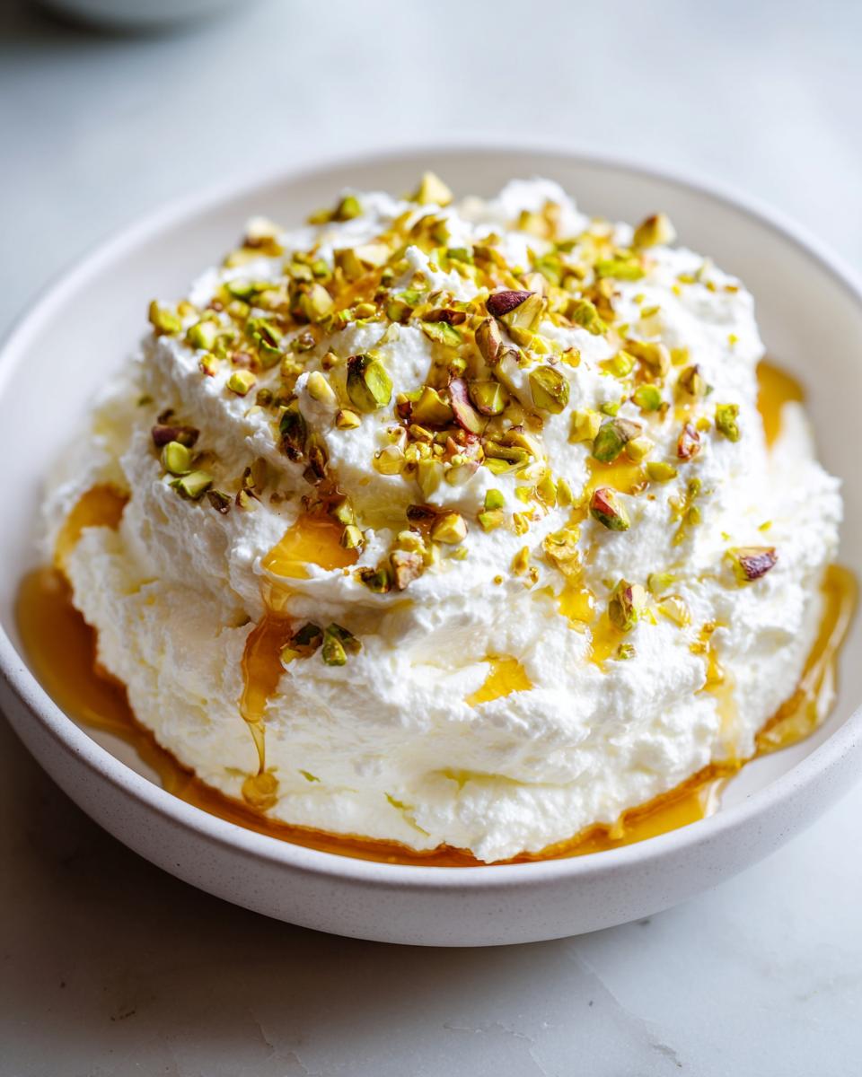 Close-up of a fluffy whipped feta dip topped with chopped pistachios and drizzled with golden honey.
