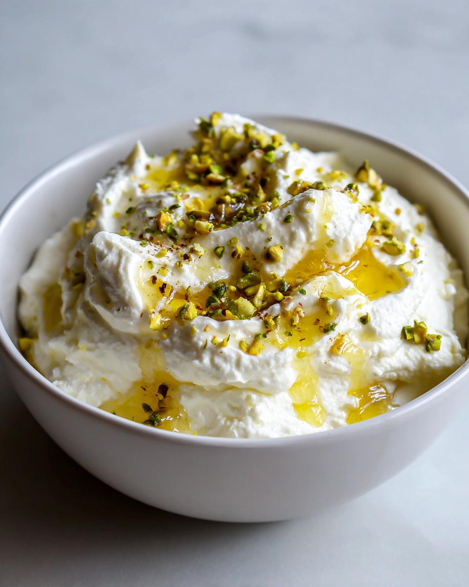 Close-up of creamy whipped feta dip in a white bowl, drizzled with honey and topped with chopped pistachios.