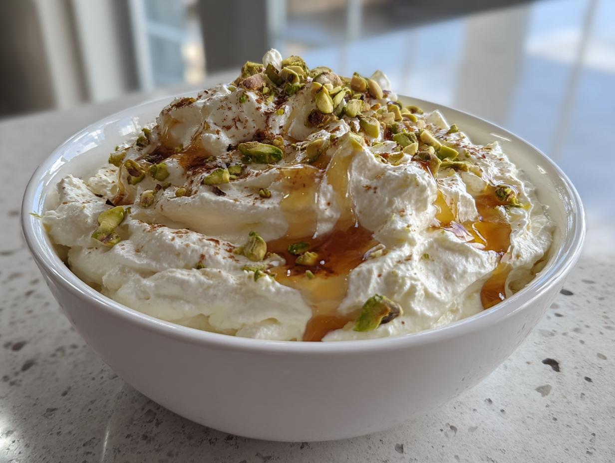 A white bowl filled with creamy whipped feta dip, drizzled with honey and topped with chopped pistachios.