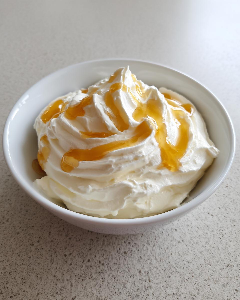 A white bowl filled with fluffy whipped goat cheese topped with a generous drizzle of golden honey.