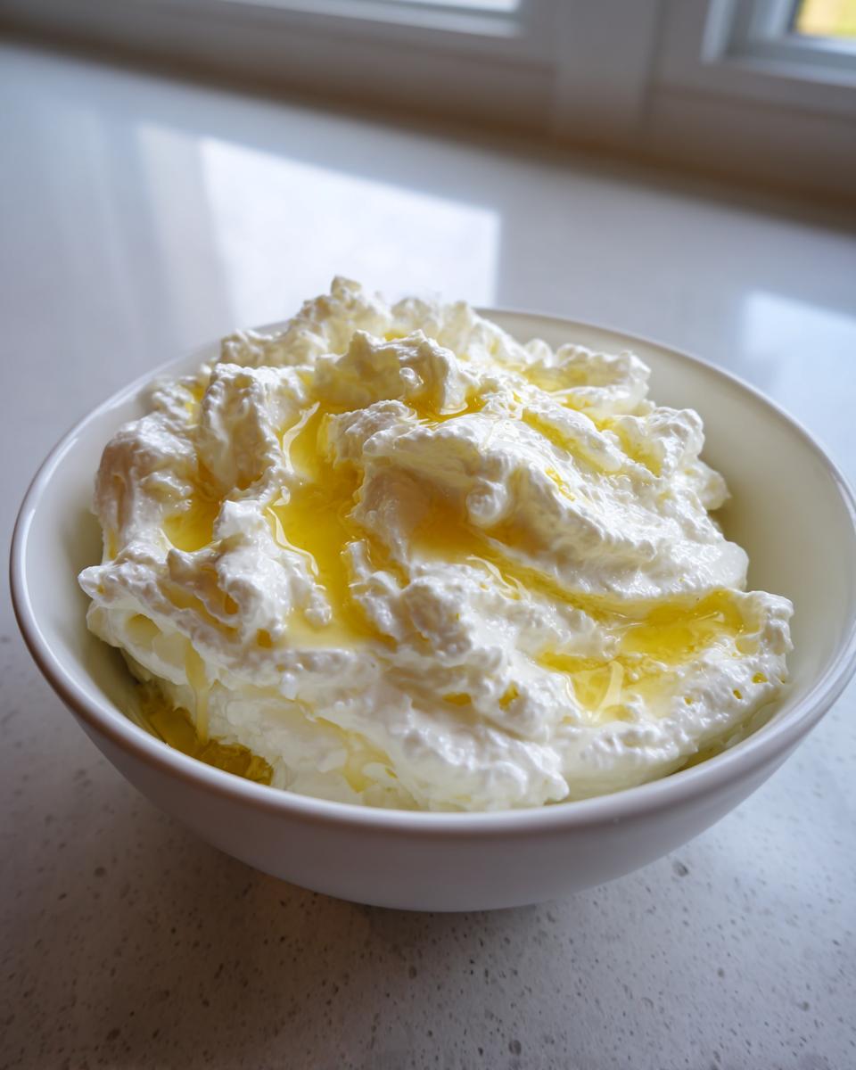 A white bowl filled with fluffy whipped goat cheese topped with a drizzle of golden honey.