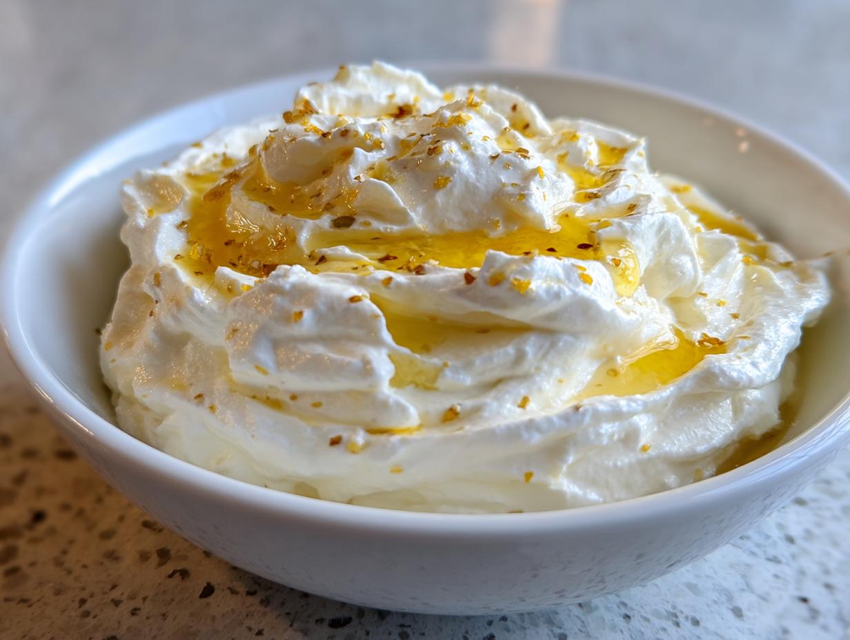 A close-up of creamy whipped goat cheese drizzled with golden honey and sprinkled with zest.