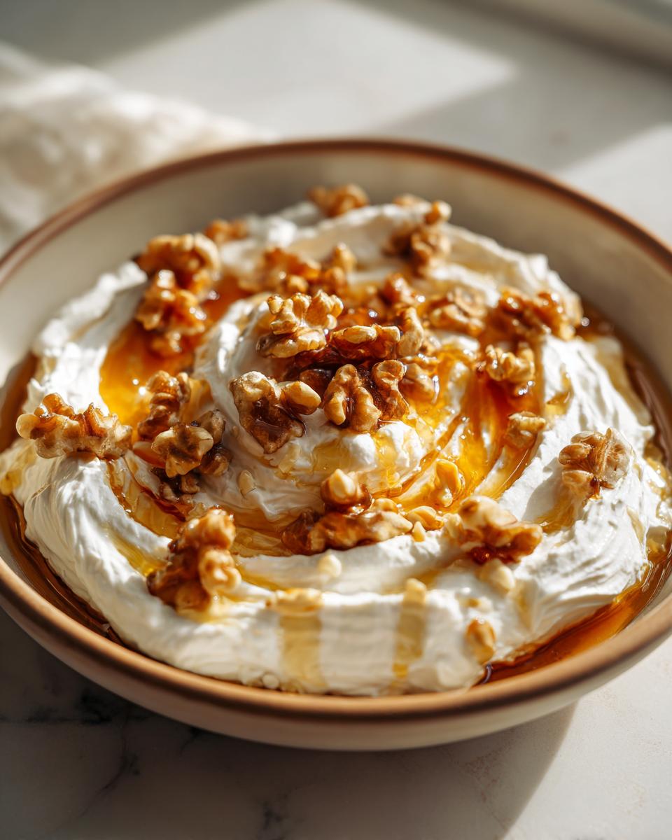 Close-up of creamy whipped ricotta dip drizzled with golden honey and topped with crunchy walnuts.