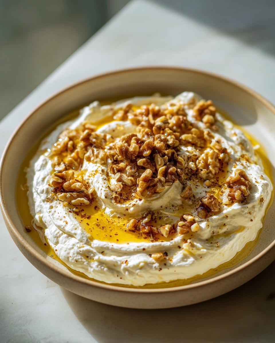 A bowl of creamy whipped ricotta dip drizzled with honey and topped with chopped walnuts.