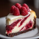 A perfect slice of white chocolate raspberry cheesecake featuring raspberry swirls, white chocolate topping, and fresh raspberries.